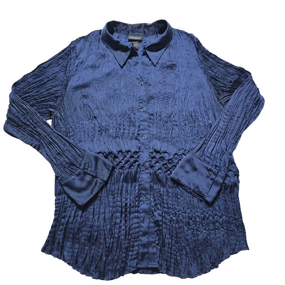 Women's Pleated Crinkle 18/20 Blue Button Up Textured Plus Size Business Casual